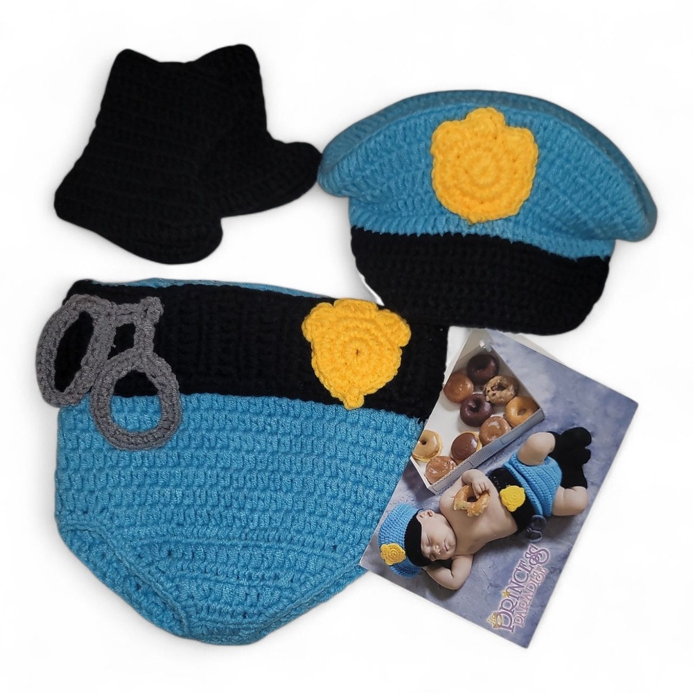 Baby Police Costume Crochet‎ Outfit Hat Diaper Cover Cuffs Photo Prop/ Newborn